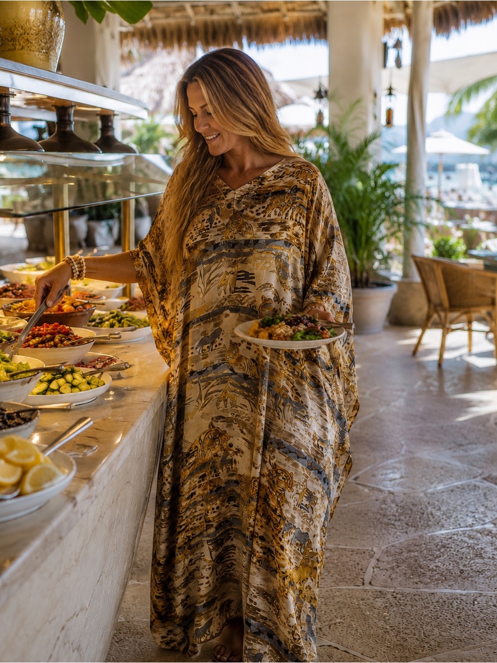 MYSTIQUE Vintage Caftan | Mumu | Gold Ivory & Taupe Animal Print 33/53